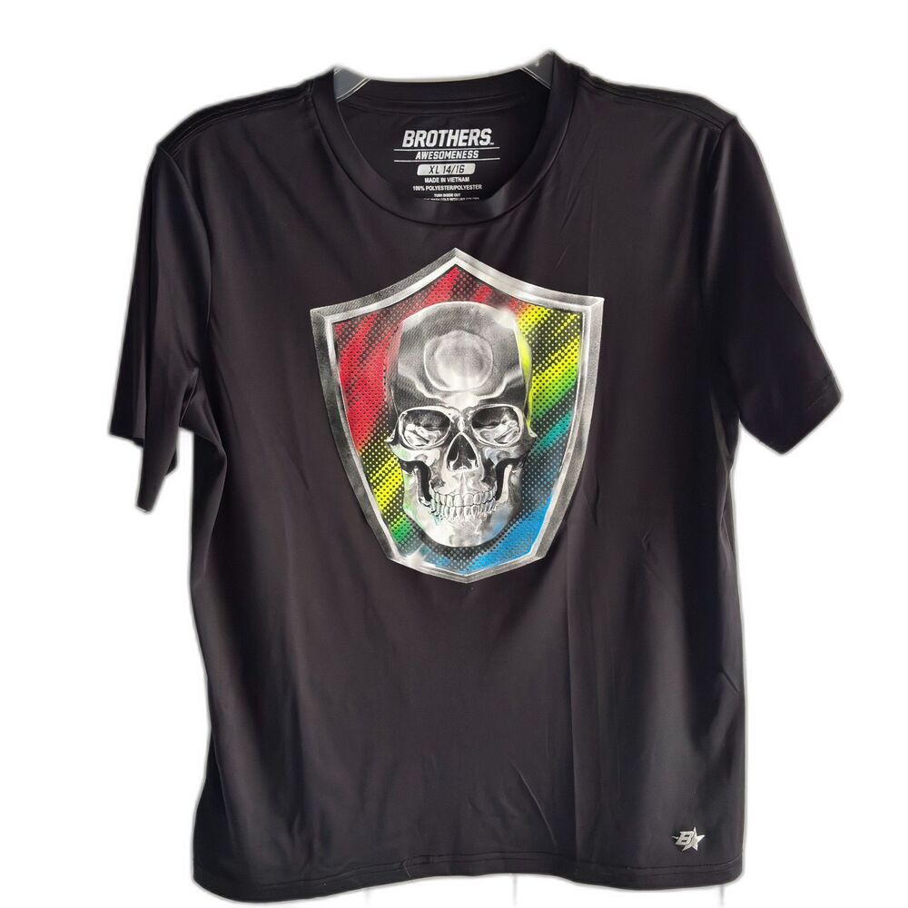 BROTHERS Awesomeness Cool Gear Boys XL 14/16 Skull Shield Activewear Shirt #F